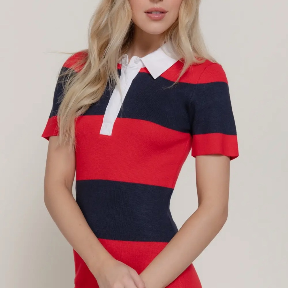Striped Polo Midi Dress in Red and Navy - Picture 3 of 3